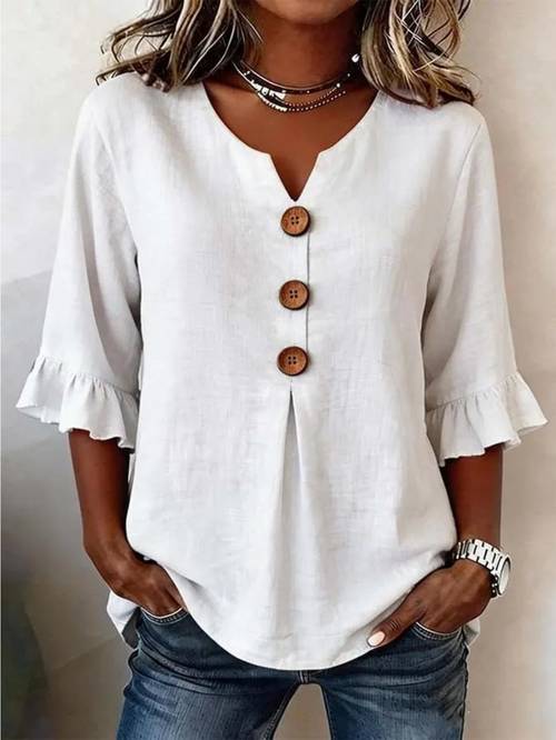 item picture womens casual notch v neck blouse 3 4 cuff sleeve tunic tops with decorative buttons loose relaxed fit daily wear shirts fashion curved hem for spring summer