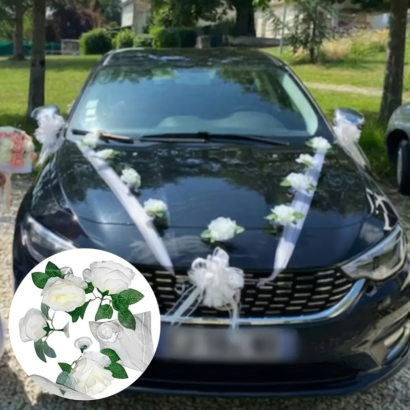 Kit Décoration Voiture Fleurs Soie Décoration Voiture Mariage LEKEFETO - 13 Fleurs Soie 2 Tulles 180cm - Kit Romantique Avec Ventouses Kit Décoration Romantique