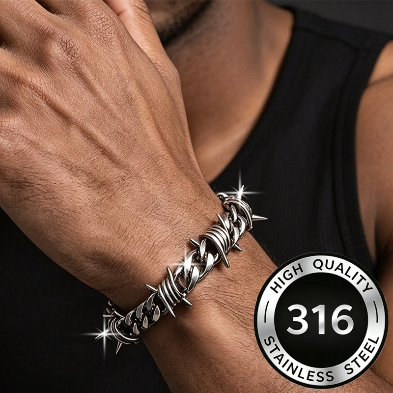 TEMU Bijou de main streetwear pour homme, bracelet en acier inoxydable 316L avec détail de fil de fer barbelé, ornement de main hypoallergénique de