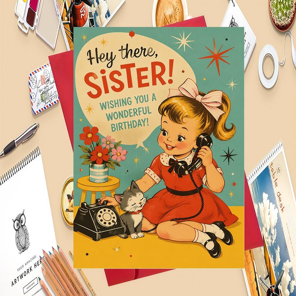 TEMU 1 Greeting Card + 1 Envelope. A Set Of 2d Flat Vintage-style Sister Birthday Cards, For Birthday Celebrations And Christmas Presents, 2d Flat