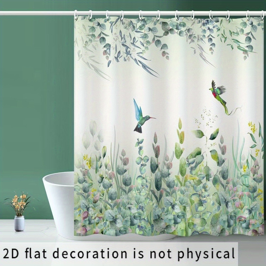 TEMU Rideau de Douche Plat 2D, Bannière Plate 2D à Feuilles Vertes, Oiseau Émeraude 70,8 x 70,8 Pouces avec Crochets, Ourlet Lesté, Rideaux de Douche