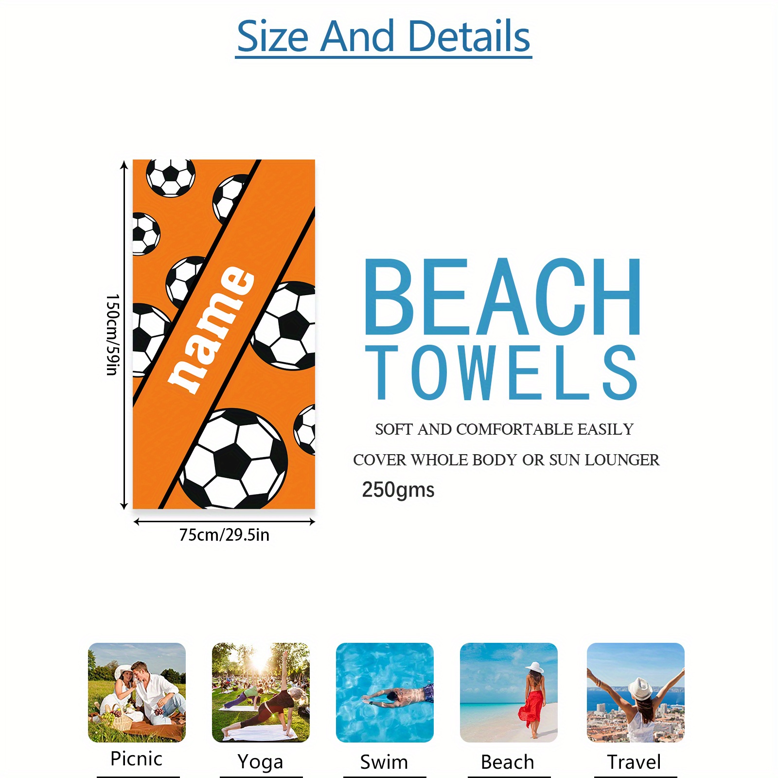 TEMU 1pc Custom Name Beach Towel, Personalized Towel, Soccer Personalized Beach Towel, Towel With Name, Birthday Gift, Colorful Towel, Custom Beach