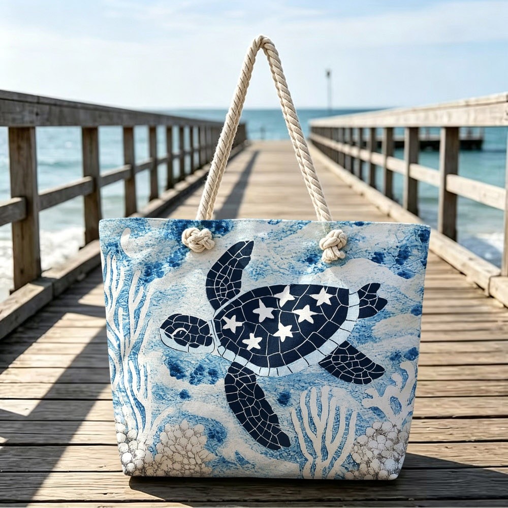 TEMU Canvas Sea Turtle Print Women's Tote Bag, Stylish Ocean Themed Underwater Pattern Casual Handbag, Single Piece Pack, Lightweight Purse For
