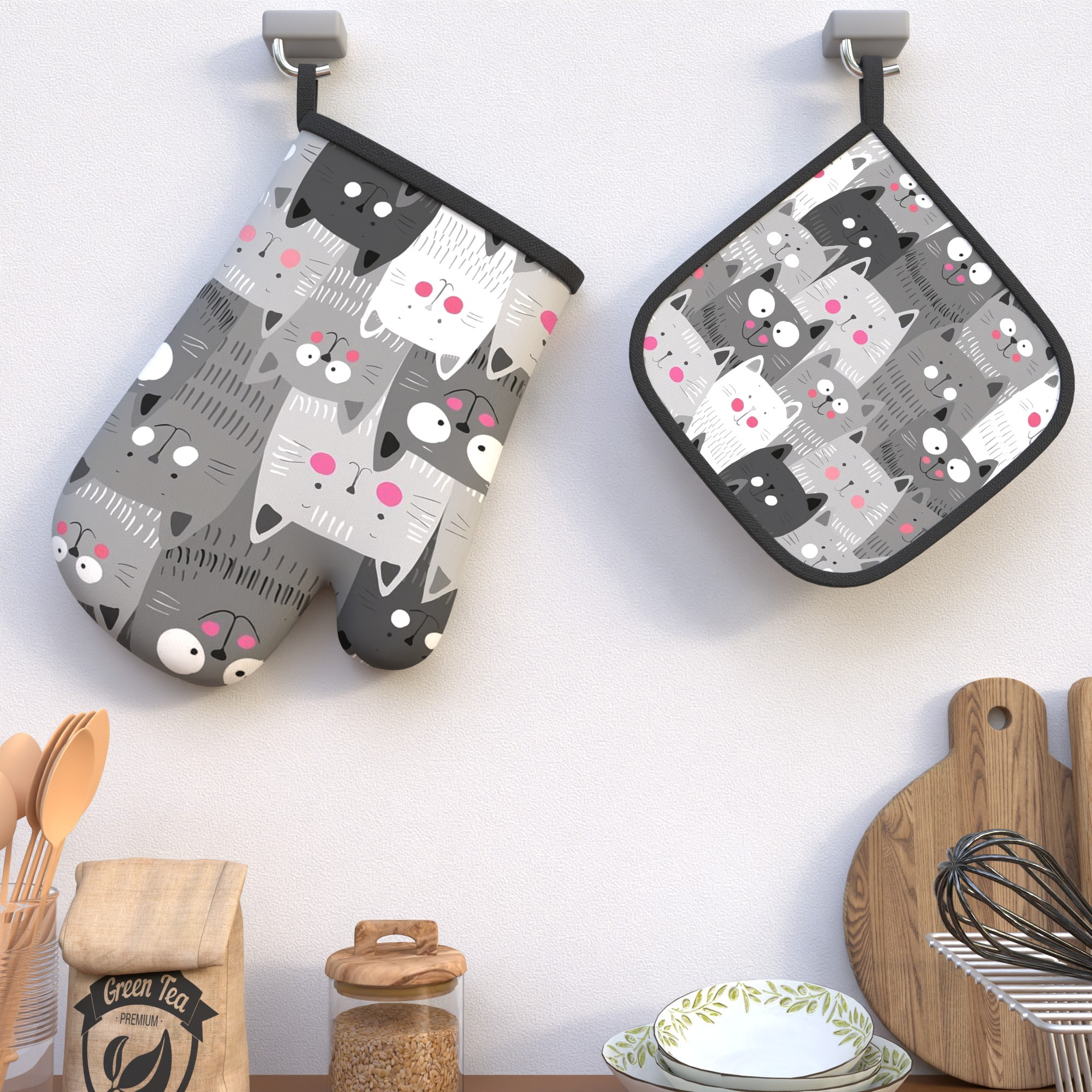 

2pcs Cartoon Kitten Oven Mitt Set, Heat Resistant Polyester Pot Holders, Woven, Machine Washable, For Cooking & Baking, Kitchen Decor, Housewarming Gift - 10.6*6.7