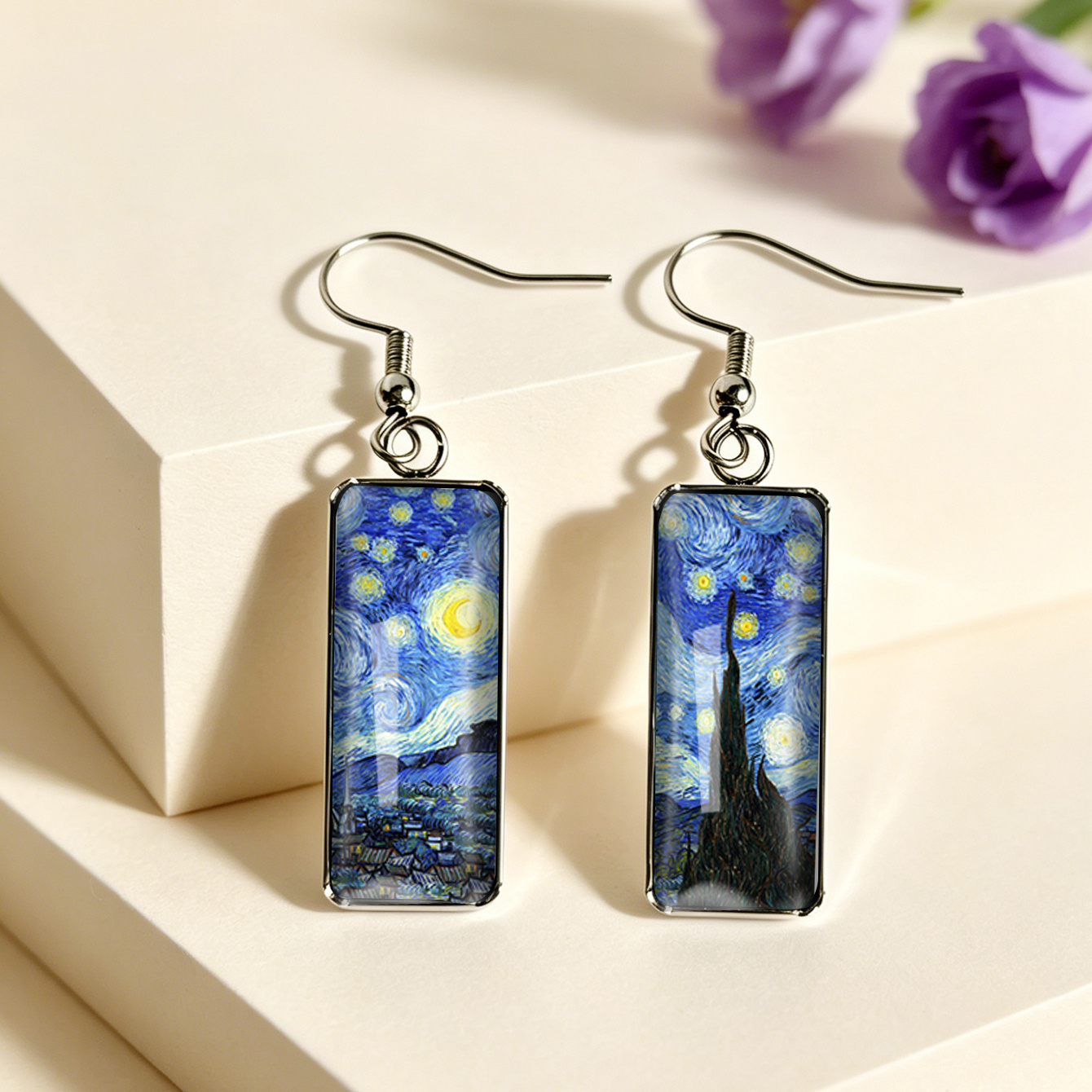 TEMU 1 di Orecchini da Donna in Acciaio Inossidabile con Ganci Auricolari Rettangolari, a Olio di Van Gogh "La " con Gemma Temporale