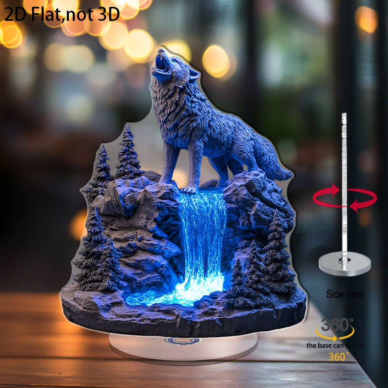 TEMU 2d Flat - [2d Flat] 2d Rotating Acrylic Decoration: Blue Light Wolf Perched On A Solid Rock, Suitable For Festive Celebrations To Create A