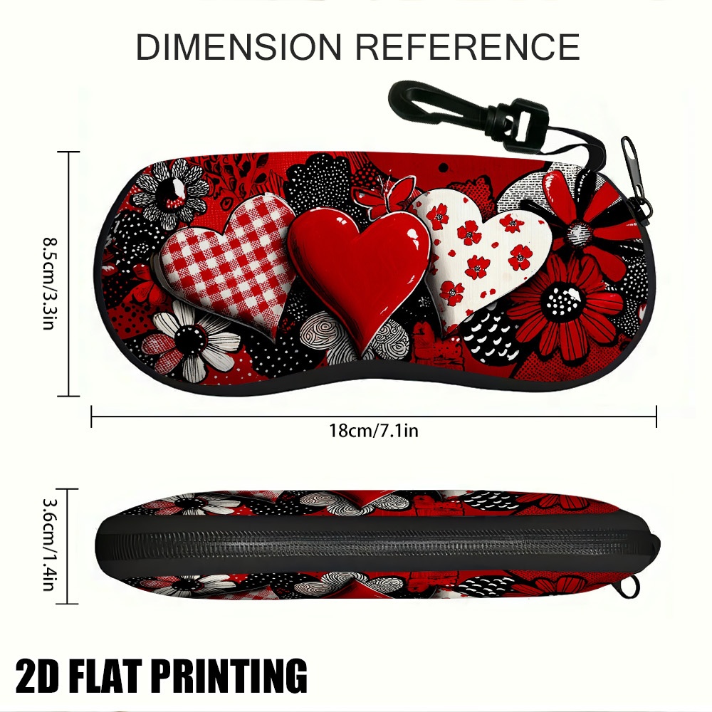 TEMU 1pc 1pcs Suitable For ' Soft Protective Zippered Eyeglass Case With Red Flower Hearts, Compact Travel-friendly Glasses Holder, Protective Cover