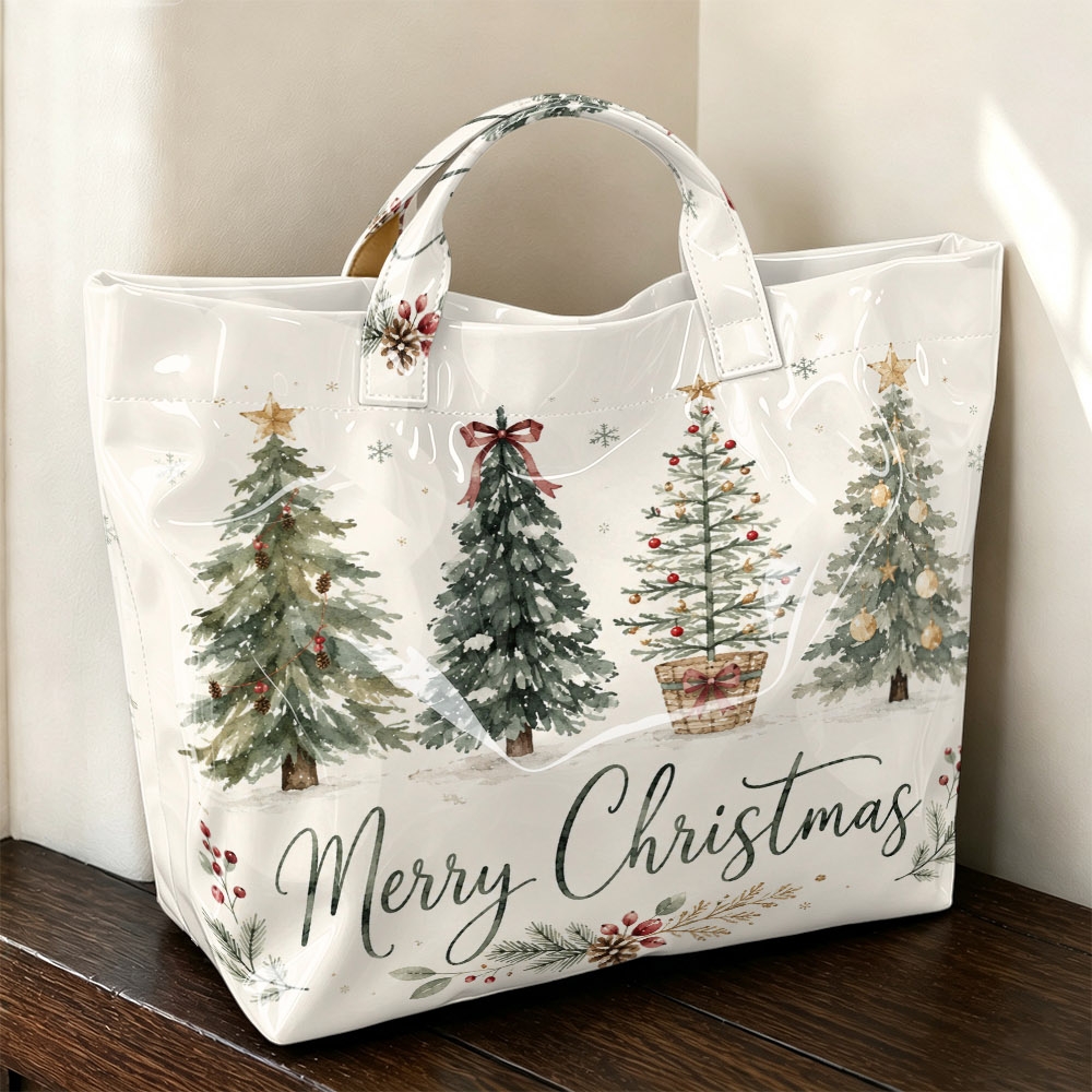 TEMU 1pc Watercolor Christmas Tree Print Ladies Tote Bag Handbag, Holiday Themed Top Handle Bag For Xmas Party