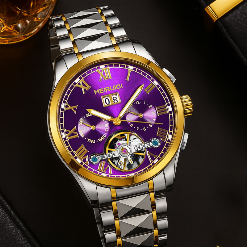 TEMU 1 pièce Montre Mécanique Chronographe Style Vintage Argenté-Violet Édition Noël pour Homme