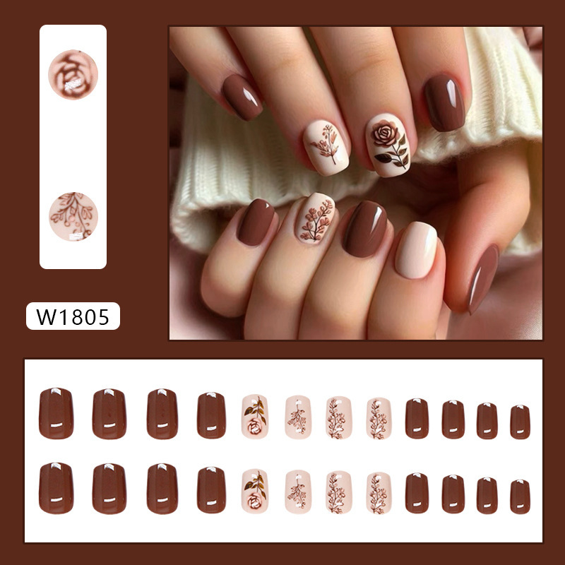 TEMU 24 faux ongles courts carrés à pression avec motif imprimé de roses, style simple