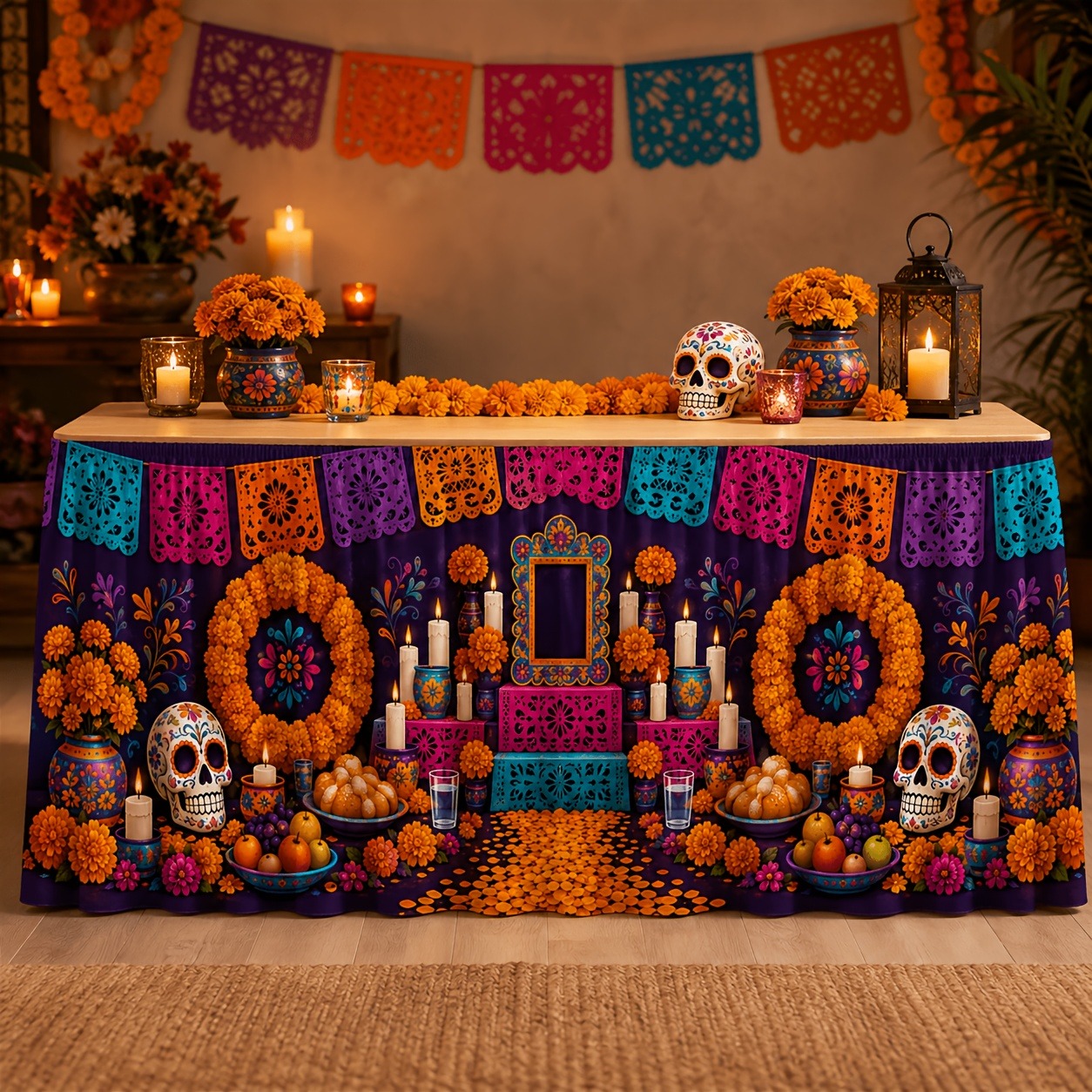 TEMU 1 Jupe de Table Mexicaine du Jour des Morts avec Motif Imprimé, Décoration d'Autel d'Art Traditionnel Coloré avec Têtes de en , Soucis, Fleurs
