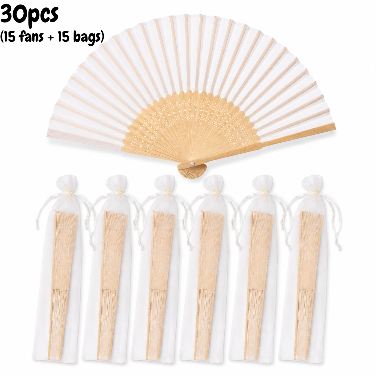 TEMU 30 pièces (15 éventails + 15 pochettes) Éventails pliants à main en tissu de bambou - Face d'éventail en , avec sac de rangement à cordon de