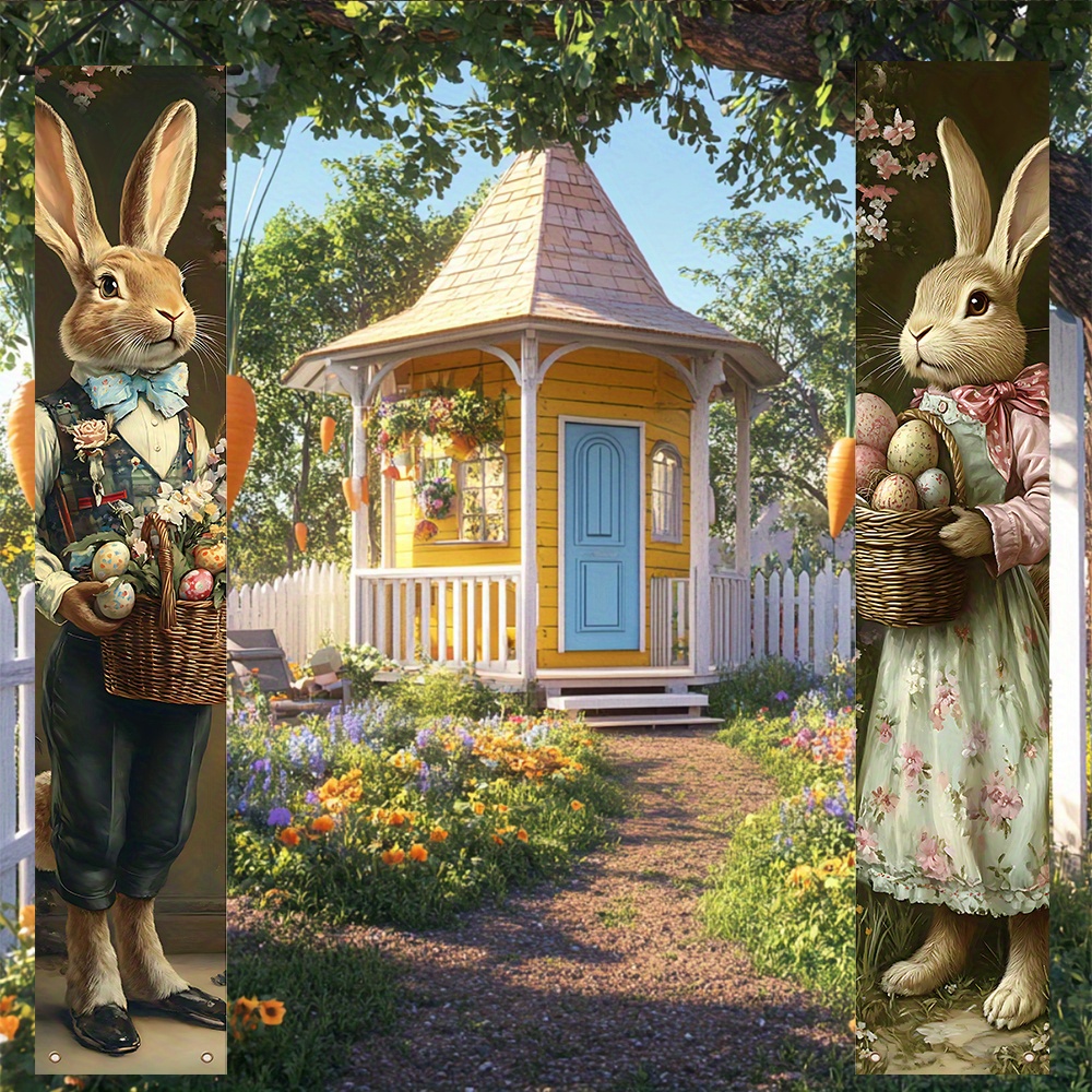 

Vintage Bunny & Egg Porch Banner Set - Spring-themed Polyester Door Decor For Indoor/outdoor Use, Front Porch, Patio, Garage, Bunny Accessories