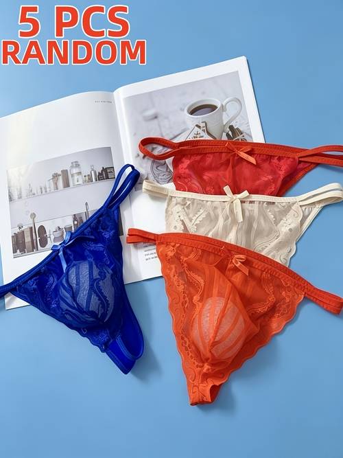 5pcs of popular seductive and attractive seamless mens underwear with transparent u shaped lace bows and spicy mens thongs