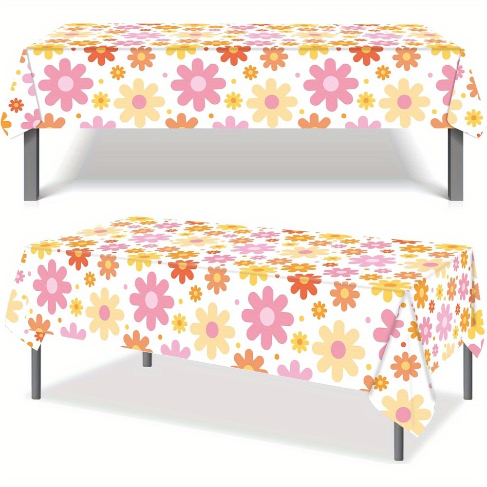 TEMU 1 Pack Daisy Tablecloth Plastic Bohemian Floral Vintage Hippie Flower Disposable Rectangular Tablecloth Suitable For 1970s Boho Birthday Wedding Party 137*274cm