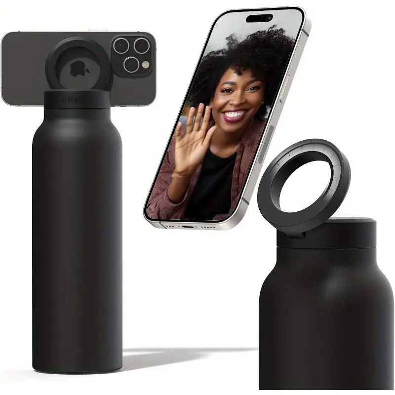 24oz stainless steel vacuum insulated water bottle with magnetic phone holder 360 rotating tripod mount 12h hot 24h cold travel mug for hiking gym office cycling ivory black outdoor hydration durable details 0
