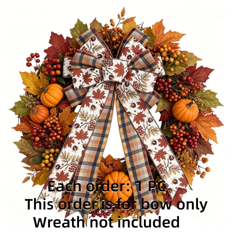 TEMU 20-inch Tall, 12-inch Wide, Large Double-layered Bow With Autumn Maple Leaf And Pattern, Thanksgiving Rustic-style Front Door Wreath And Tree