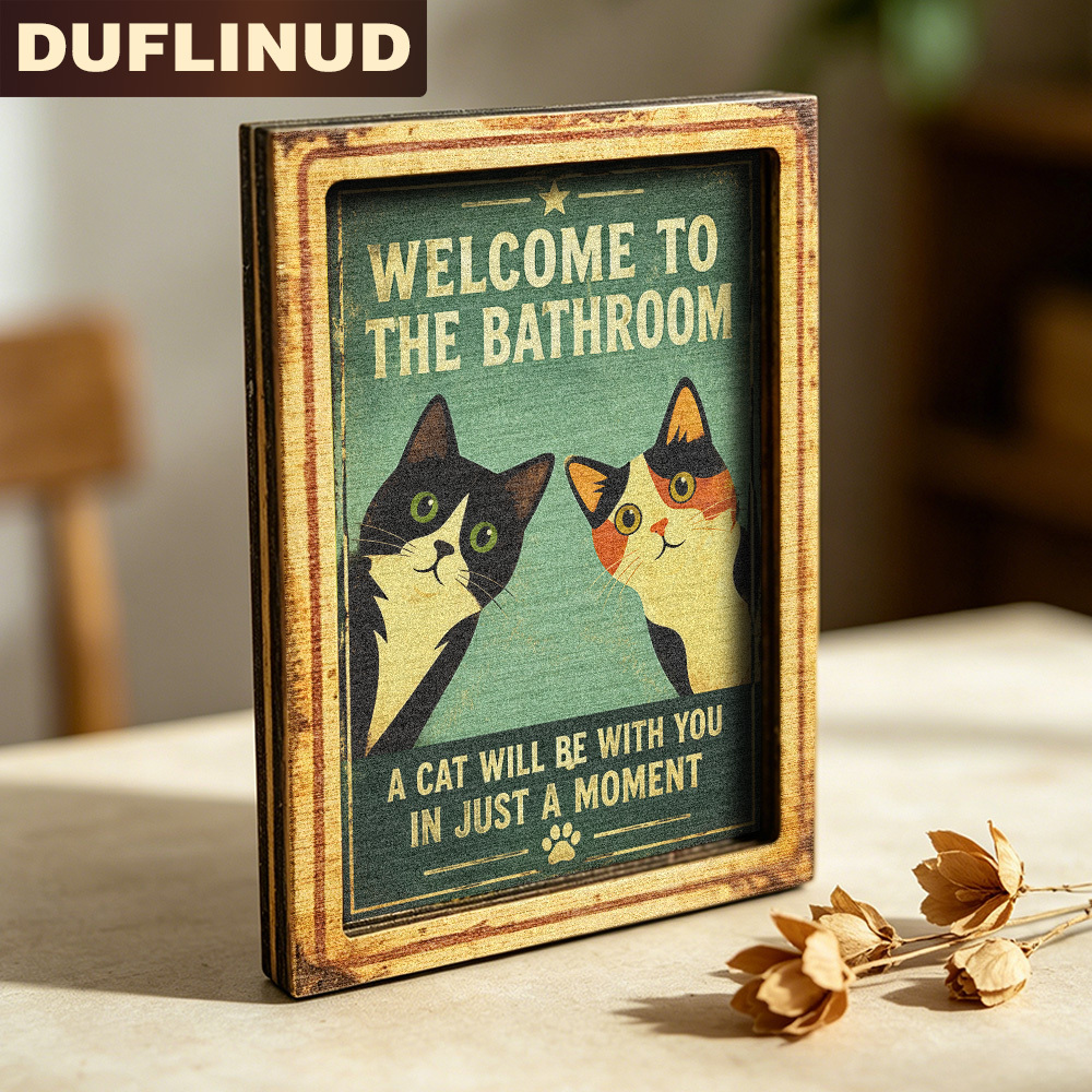 TEMU Welcome To The Bathroom Fridge Magnet, Mini Decorative Sign With Retro Cat Pattern, Printed Welcome Message, Wooden Fridge Sticker, Exquisite