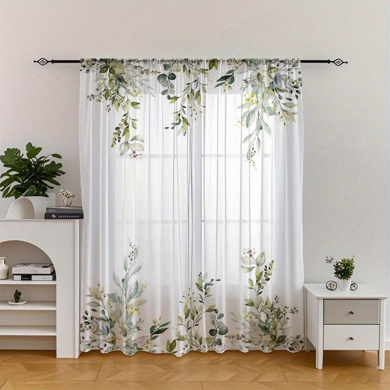 TEMU Ensemble de 2 rideaux en tulle élégants à floraux et feuilles , plantes fraîches, créent une ambiance naturelle et confortable, rideaux