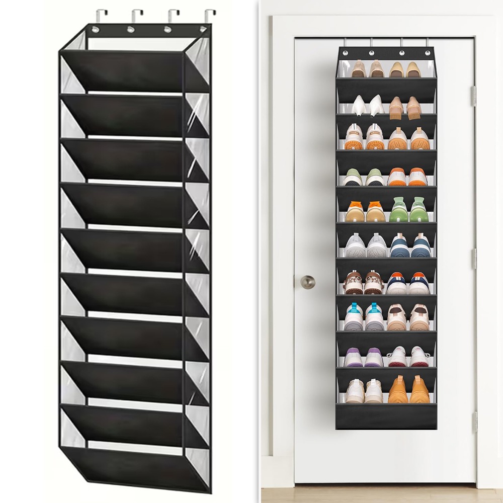 Image of 10 Tier Clear Over The Door Shoe Organizer Storage, Deep Pockets Large Hanging Shoe Rack For Closet Door, Fit 20 Pairs Shoe Holder Hanger For Sneakers, Boots (black)