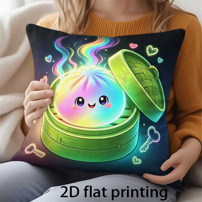 TEMU 2d Flat Print 1pc Neon Gradient Cartoon Bun Illustration Double-sided Print Pillowcase, Home Decor Cushion Cover, Multiple Sizes , Zippered