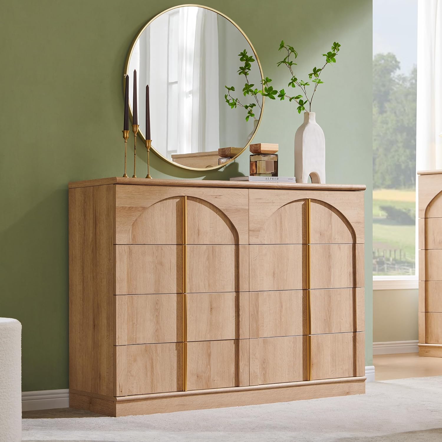 * Large Dresser for Bedroom with 8 Drawers with Arched Panel, Modern  Minimalist Chest Of Drawers with Golden Handles, Wood Storage Closet  Dressers Tv Stand for Living Room, Hallway, Natural Oak.
