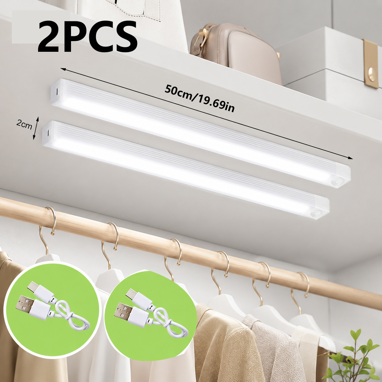 TEMU 2 luces LED con sensor de movimiento, luces nocturnas inalámbricas recargables, lámparas debajo del gabinete, luces traseras para escaleras para