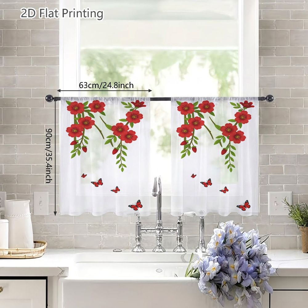 TEMU Rideaux de Fenêtre Semi-Transparents Plats 2D, 2 Pièces, Convient pour Café, Salon, Cuisine - Voilages à Imprimé N avec Fleur et Papillon,