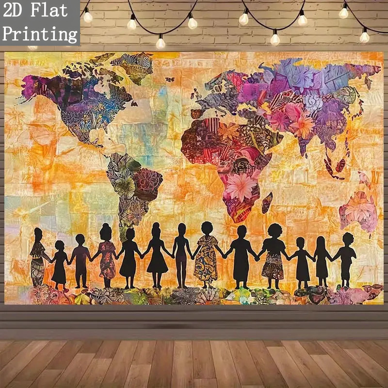 TEMU Single Piece 2d Flat Backdrop Featuring A Vibrant Design With Country Maps And Flags, Showcasing Of People Holding Hands, Ideal For Photography,