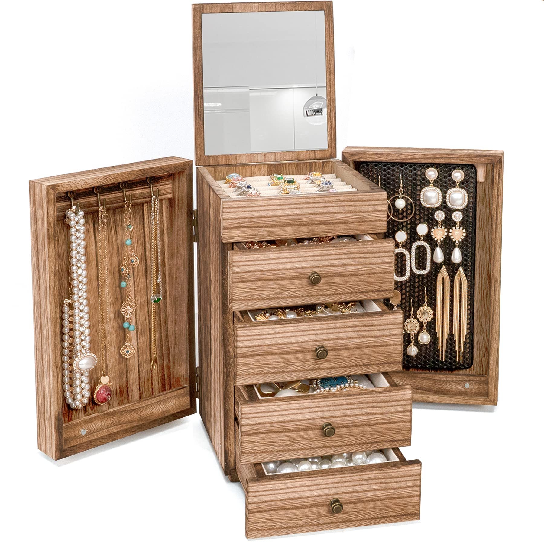 

Otcraft Rustic 5-layer Wooden Jewelry Box With Mirror & Drawers - Ideal For Organizing Necklaces, Earrings, Rings, Bracelets | Natural With Decorative Accents, Primitive Style, Suitable For Women