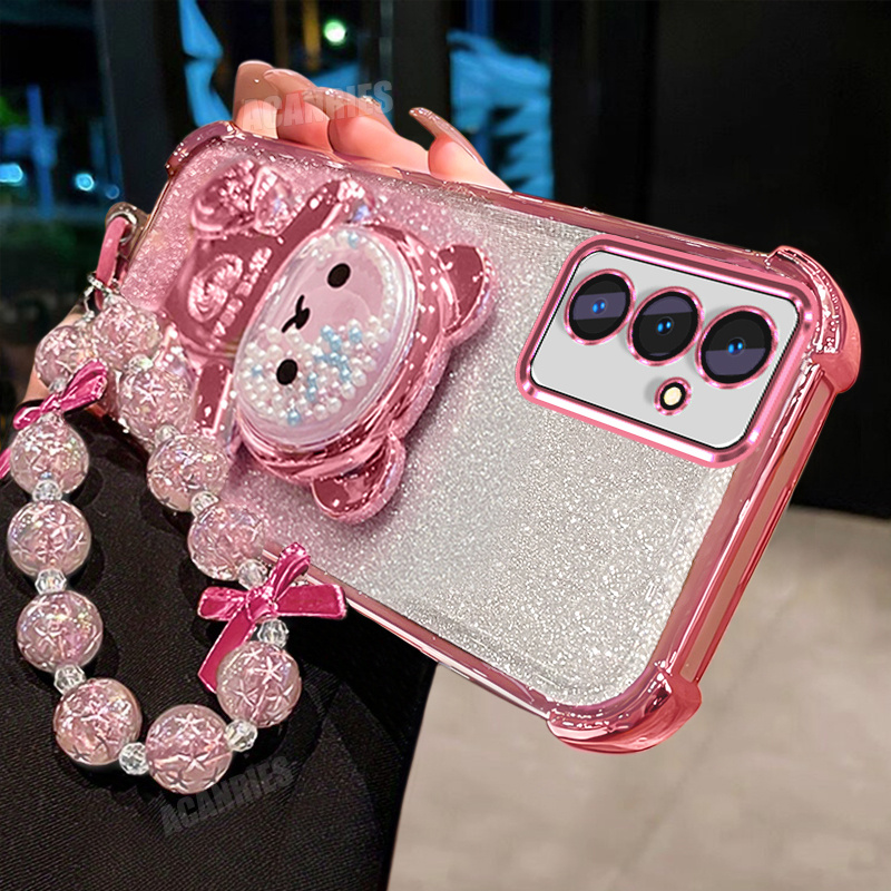 TEMU Phone Case: Acanries Luxury Star Bead Wrist Strap Chain Lanyard With Cute Bead Bear Folding Stand Holder And Plating Gradient Glitter Shockproof