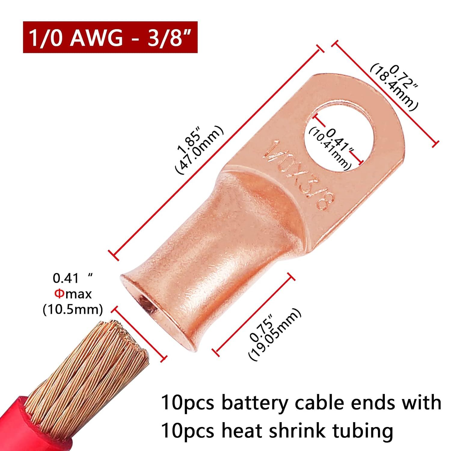 10 Cosses De Batterie 1/0 AWG En Cuivre - Cosses à Sertir Pour Câble épais