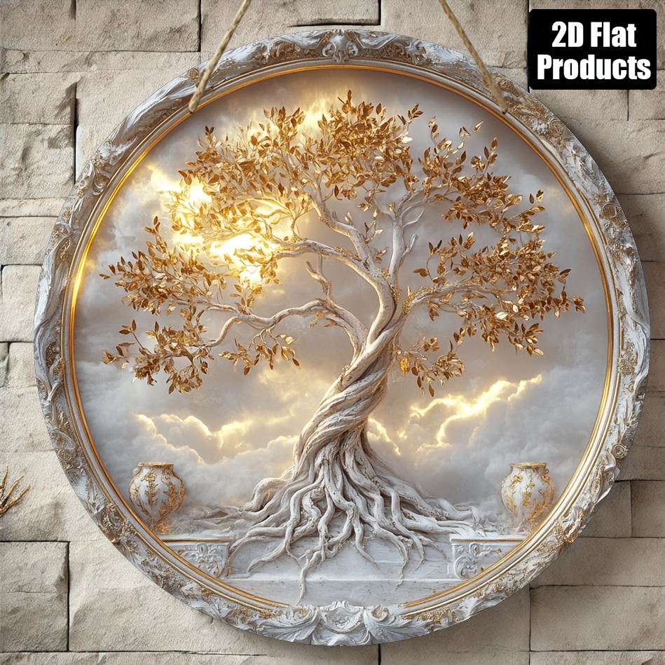 TEMU 2d Flat - A Round Wooden Decorative Sign With A Tree Of Life Theme, Designed For 2d Flat Printing, Non-electric, Made Of Wood, Feather-free,