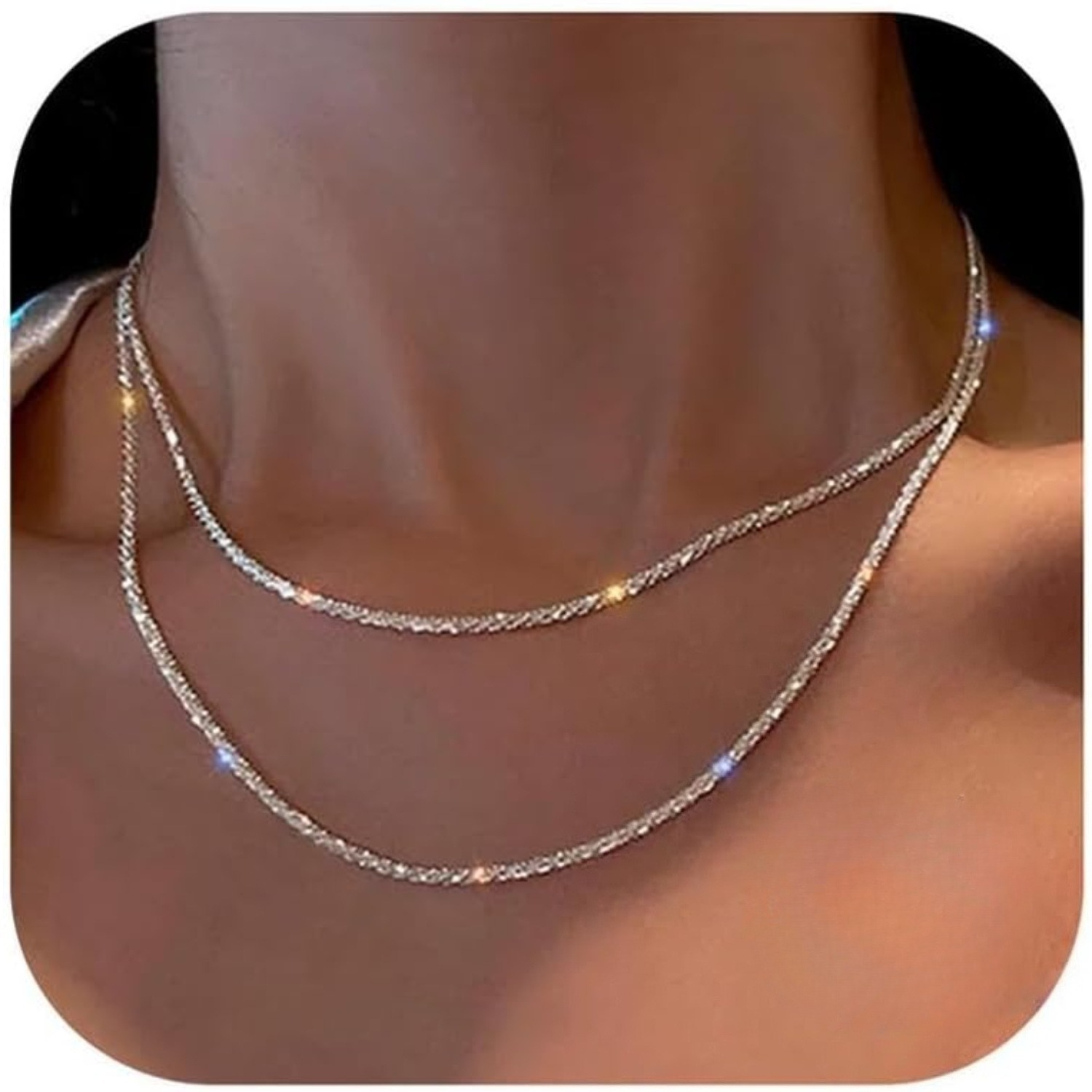 2pcs Silvery Necklace For Women - Layered Singapore Chain Adjustable Stackable Necklace - Rope Chain