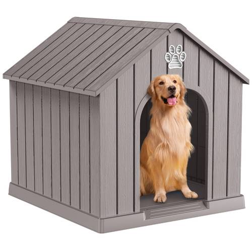 weatherproof dog house indoor outdoor use chew proof ventilated pet kennel with blue shingled roof window panels durable plastic dog shelter for small medium dogs pet food storage container eggshell shaped dog house sold separately