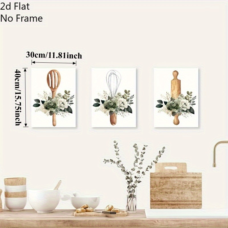 TEMU 2D Plat, 3pcs Art Mural Floral Aquarelle Verte - Peintures sur Toile Cadre Adaptées pour /, , Décoration de Chambre, Dortoir - Décorations de