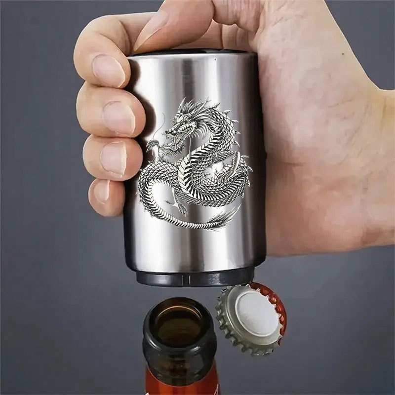 1pc, Stainless Steel Beer Bottle Opener Dragon Pattern, Magnetic Push-down Design, Easily Wine, Beer And - A Tool For Home Bar Accessories, Christmas