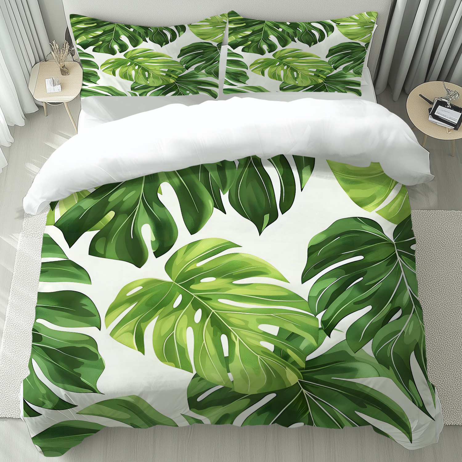 TEMU A Set Of 2 Or 3pcs Featuring A Tropical Monstera Leaf Design In On A White Background. Includes 1 Duvet Cover And 2 Pillowcases. Lightweight, ,