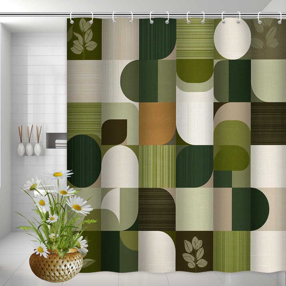 1pc Mid-century Modern Geometric Shower Curtain - Olive Green Beige Brown Neutral Textured Grid Bath Window Curtain With Hooks, 59.84&times;70.87in, Machine Washable Suitable For Bathrooms, & Boho Decor