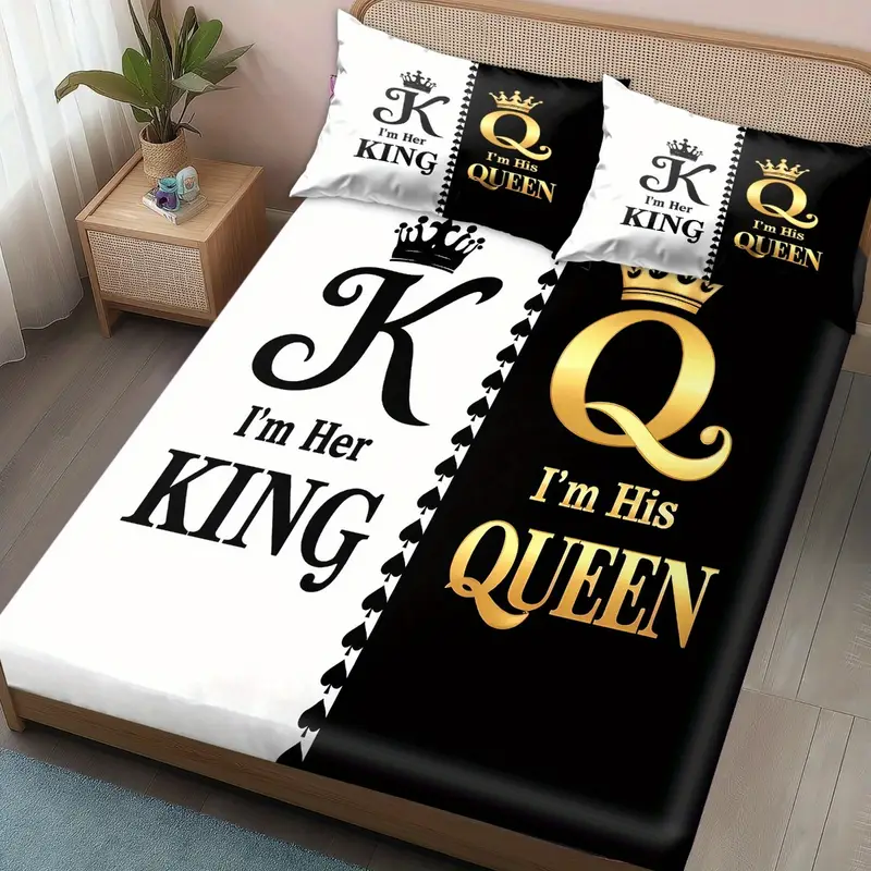 king queen print bedding set 3pcs soft cozy non slip lightweight fitted sheet with elastic corners and matching pillowcases fashion forwad decorations for dorm bedroom apartment hotel idea for christmas birthday gifts Product details 8