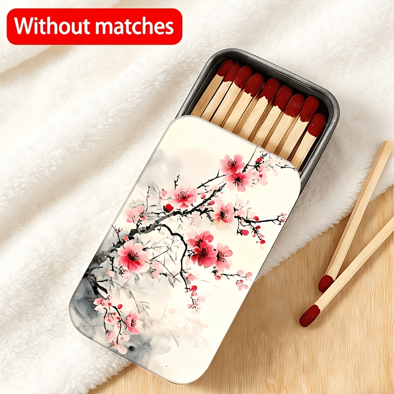 TEMU 1pc Ink Wash Cherry Tin Matchbox, Durable Metal Sliding Lid Box, Pressure-resistant And Wear-resistant, Portable Mini Storage Box, Small