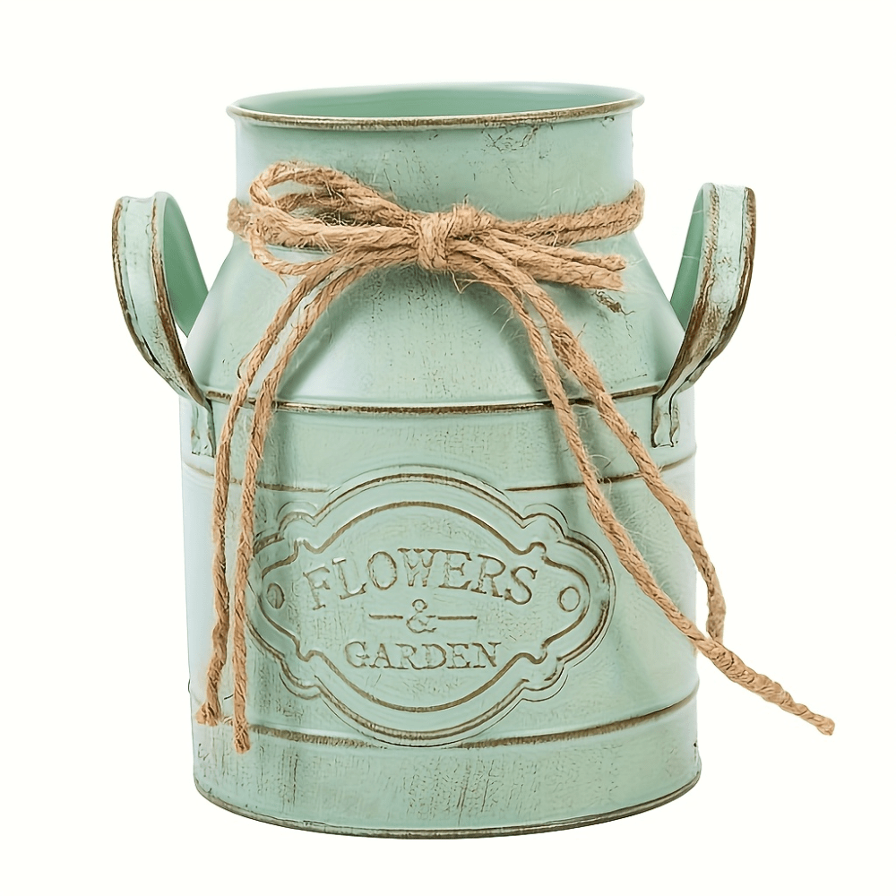TEMU 1pc Vintage Metal Vase | 6inch Flower Vase With "flowers & Garden" Design, Rustic , Twine Bow Accent, Perfect For Home, Living Room, Or Office