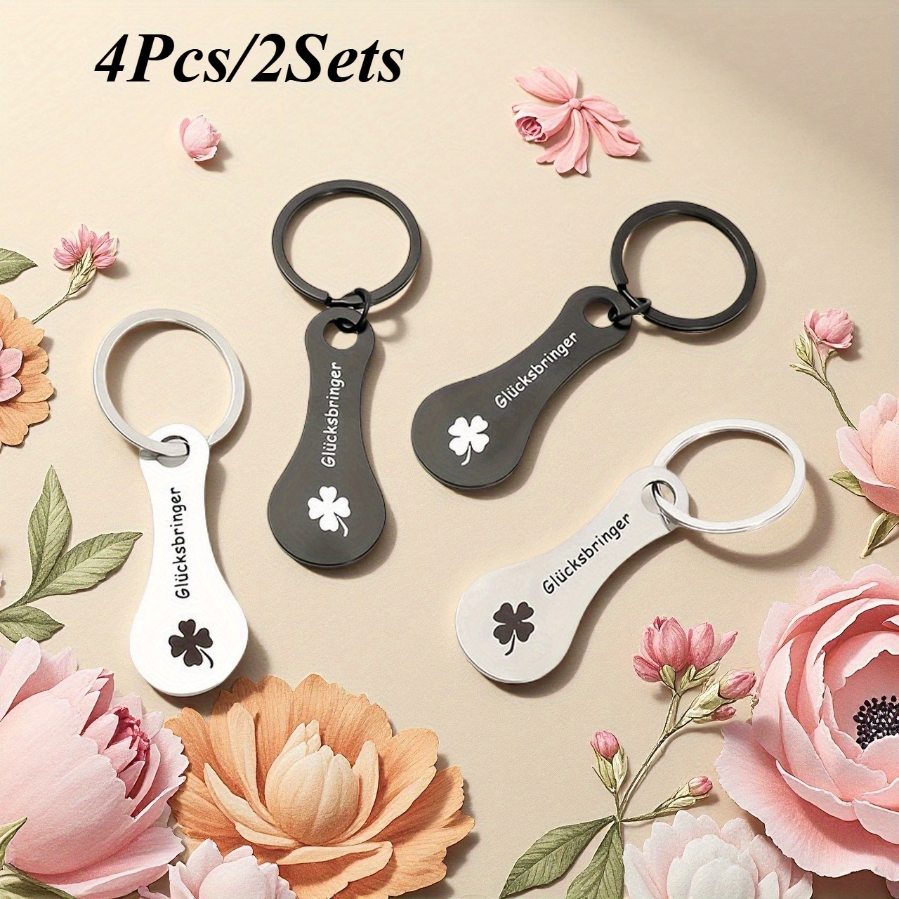 4pcs/2sets Stainless Steel Supermarket Shopping Cart Token Keychain, Laser Engraved Clover Pattern