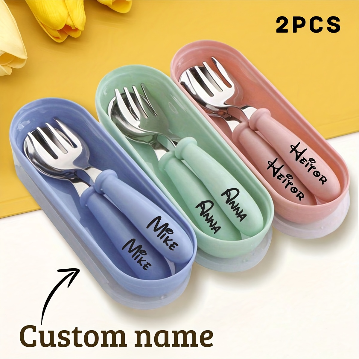 2pcs personalized stainless steel cutlery set customizable name engraved spoon and fork   in light     elegant cursive font design ideal birthday christmas