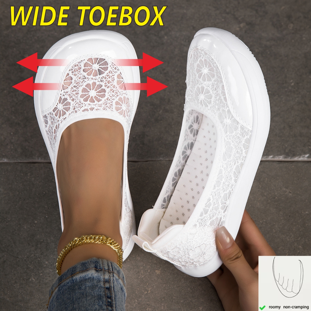 TEMU Lace Breathable Shallow-cut Flat Shoes For Women, Wide-toe Soft Sole Thick Sole Extra-wide Cross-training Shoes, "mom Shoes" For Middle-aged And