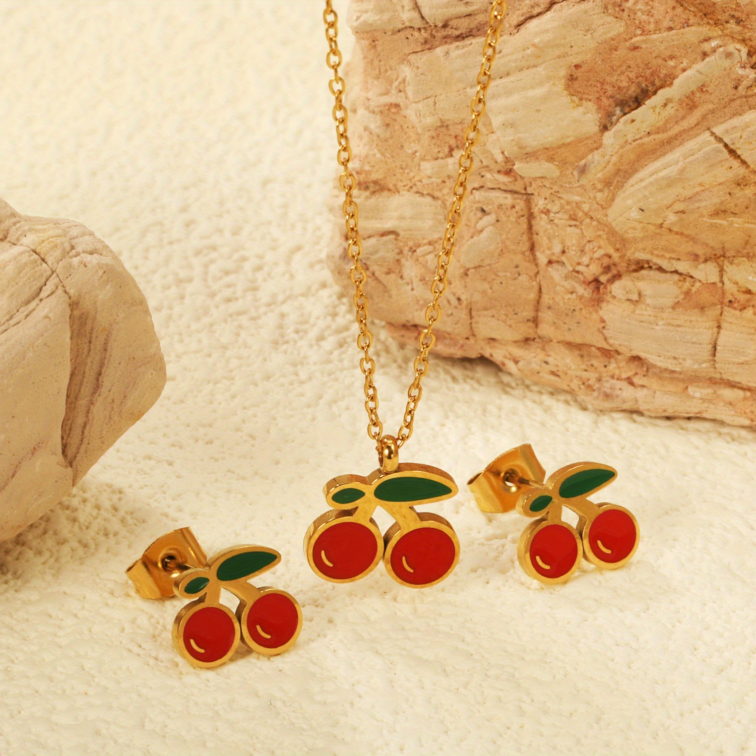 3pcs Stainless Steel Cherry Pendant Set