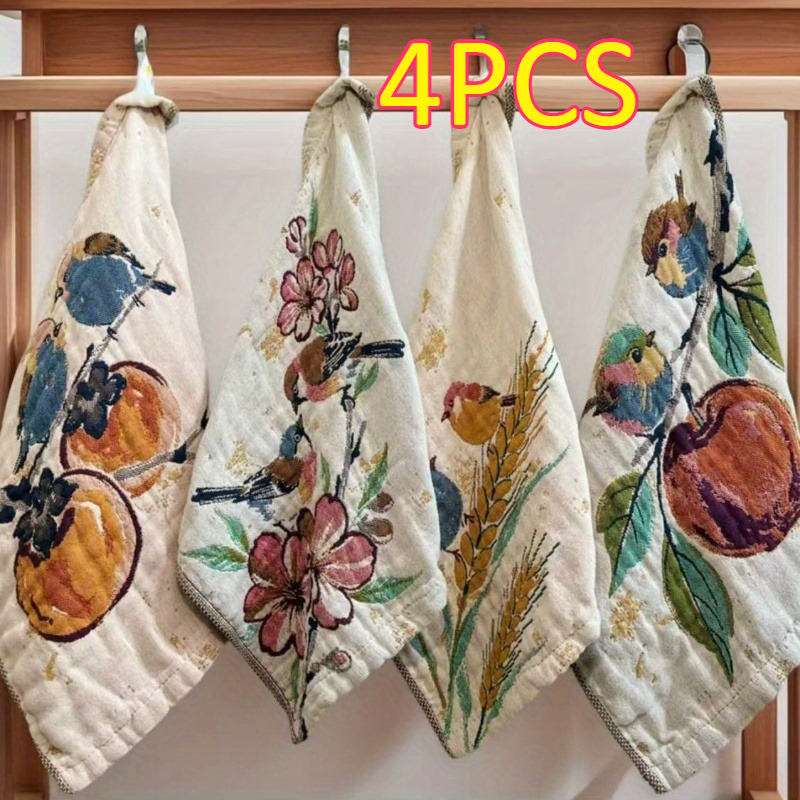 TEMU Set Of 4 Vintage Bird And Cat Towels, Soft And Multifunctional, Suitable For Family Use, Durable, Classic Towel Set With , Home Towel Collection, Versatile Towel Set