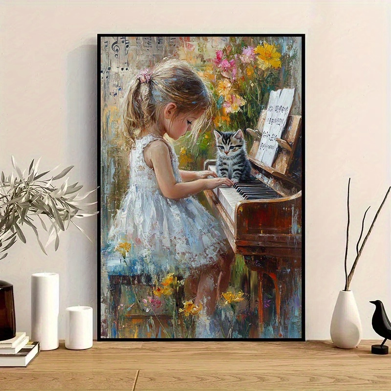 adorable little girl in light blue dress playing piano with kitty -  12x16inch canvas painting, art and crafts, unframed, material: canvas |  Shop Now For Limited-time Deals | Temu
