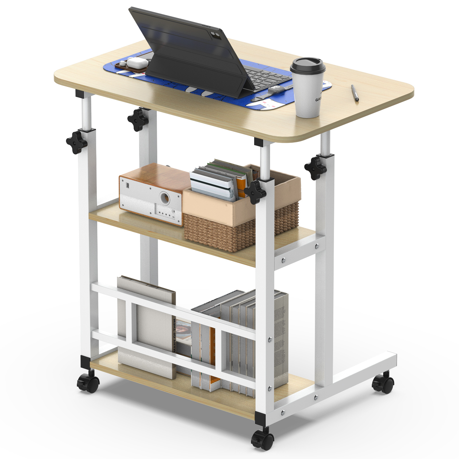 Woraum Side Table, Computer Desk With Wheels And Shelf, Height Adjustable