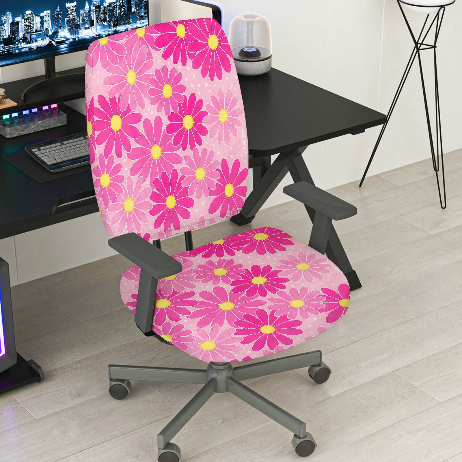 TEMU 2pcs Pink Floral Pattern Cute Stylish Charming Decorative Elastic Chair Cover( Without Chair), Valentine' S Day Rotating Table And Chair